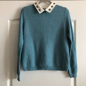 Beautiful Womens Teal Sweater Back Zip Removable Embellished Collar Size M